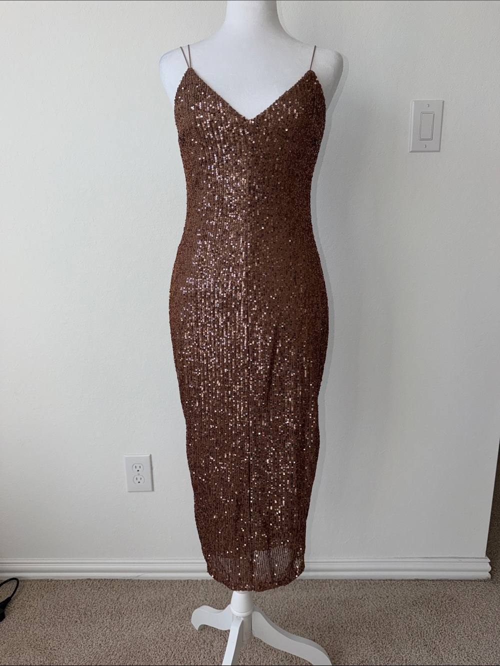 Fashion Nova Brown Sequin Spaghetti-Strap Midi Dress